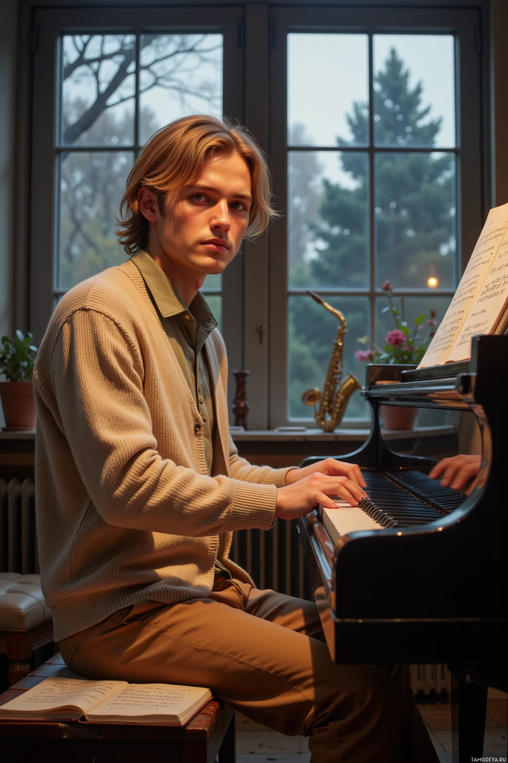 Realistic high quality photo. 29‑year‑old male pianist with medium‑length blonde hair and blue eyes, wearing a soft beige cardigan over a light olive shirt and tan trousers, sits at a grand piano in a quiet modern practice room at dusk, finger hovering over a sheet music page of Rachmaninoff, old handwritten composer letters on the desk, a small jazz saxophone on a stand, his expression thoughtful and slightly indecisive as he contemplates wave interference physics.
