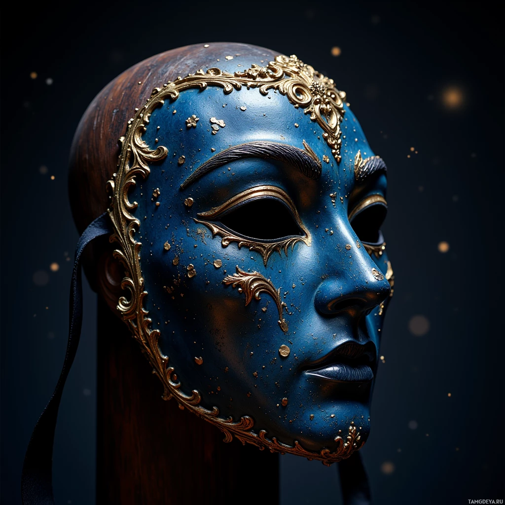 Semi-abstract image with many light, that is suitable for the post:  19th‑century Italian theatre mask, lacquered midnight blue, carved walnut body, faint gold leaf filigree along the mouth, subtle hidden seam holding a sheet of paper, ritualistic elegance.