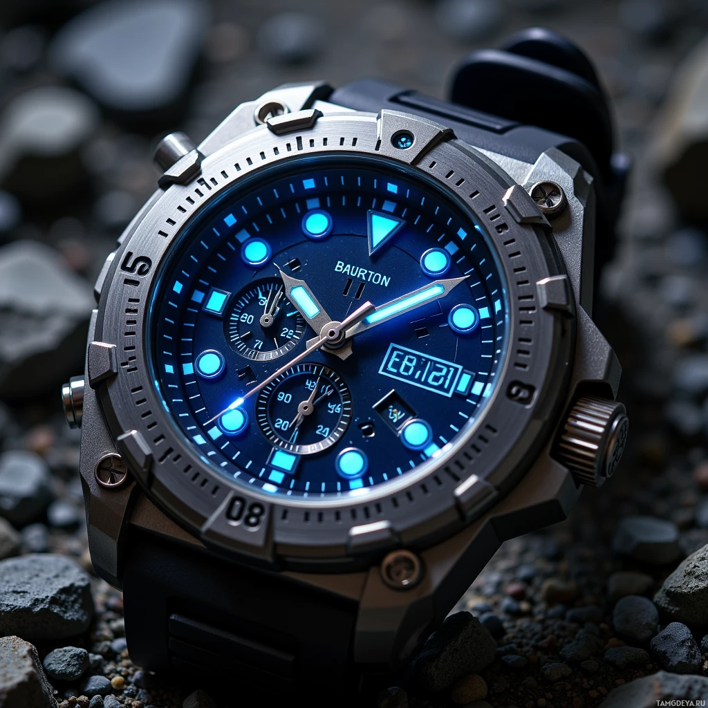 Semi-abstract image with many light, that is suitable for the post:  Titanium alloy survival watch with matte finish, deep blue luminous dial, integrated solar panel, digital compass, altimeter, barometer, GPS, emergency beacon display, rugged metallic case, black strap, subtle engraved details.