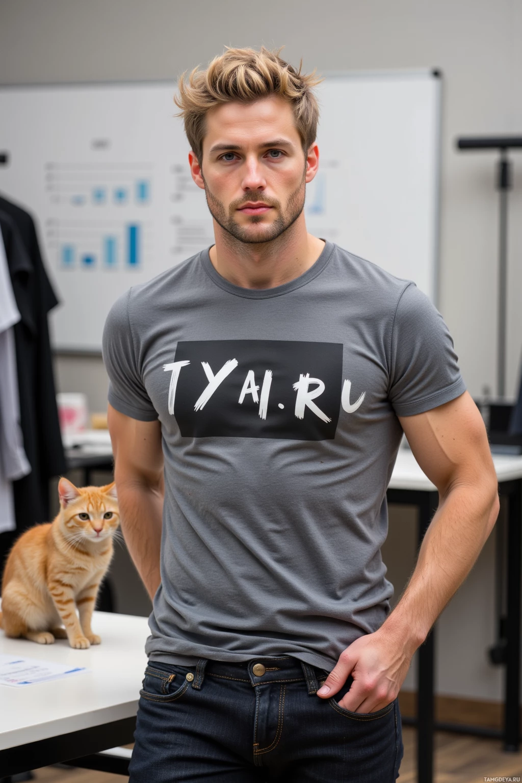 Мужчина в серой футболке стоит в офисе, за его спиной на столе сидит кошка.