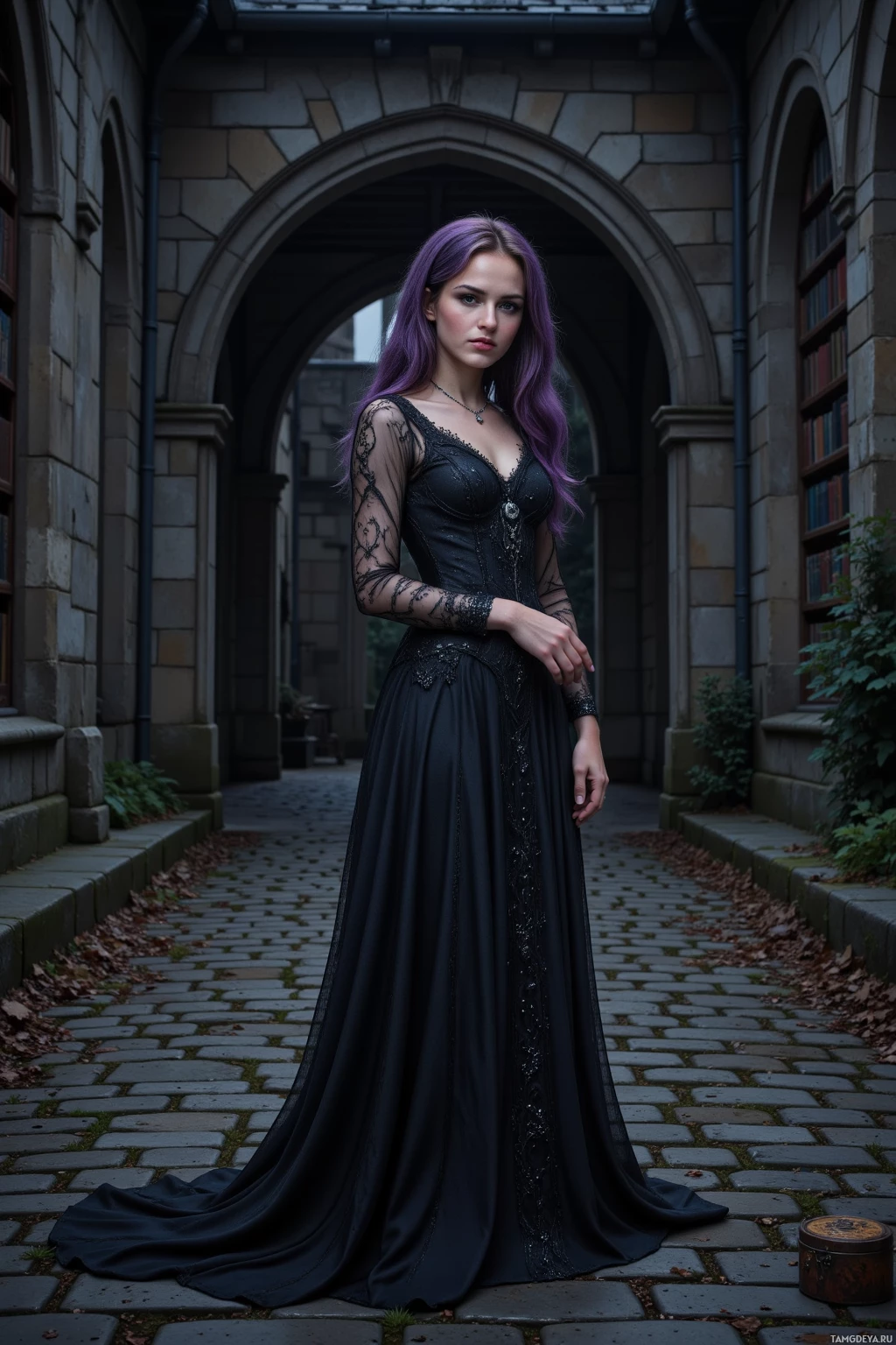 В каменном арке стоит женщина в элегантном черном платье.