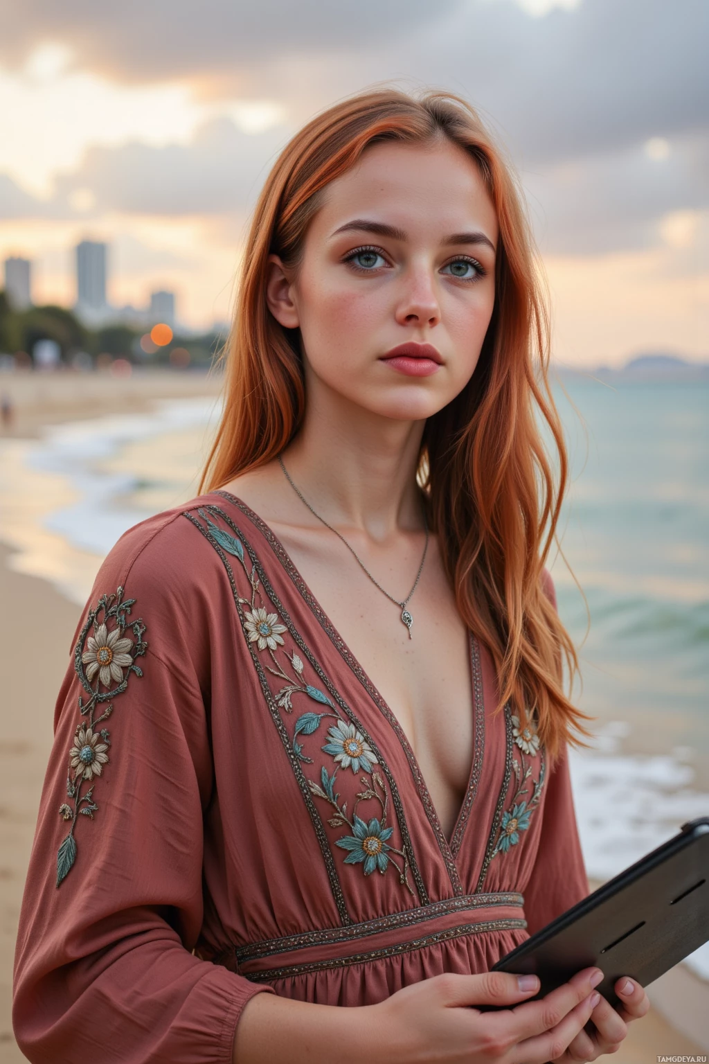 На пляже стоит женщина, держа в руках планшет, на заднем плане видны городские здания и океан.