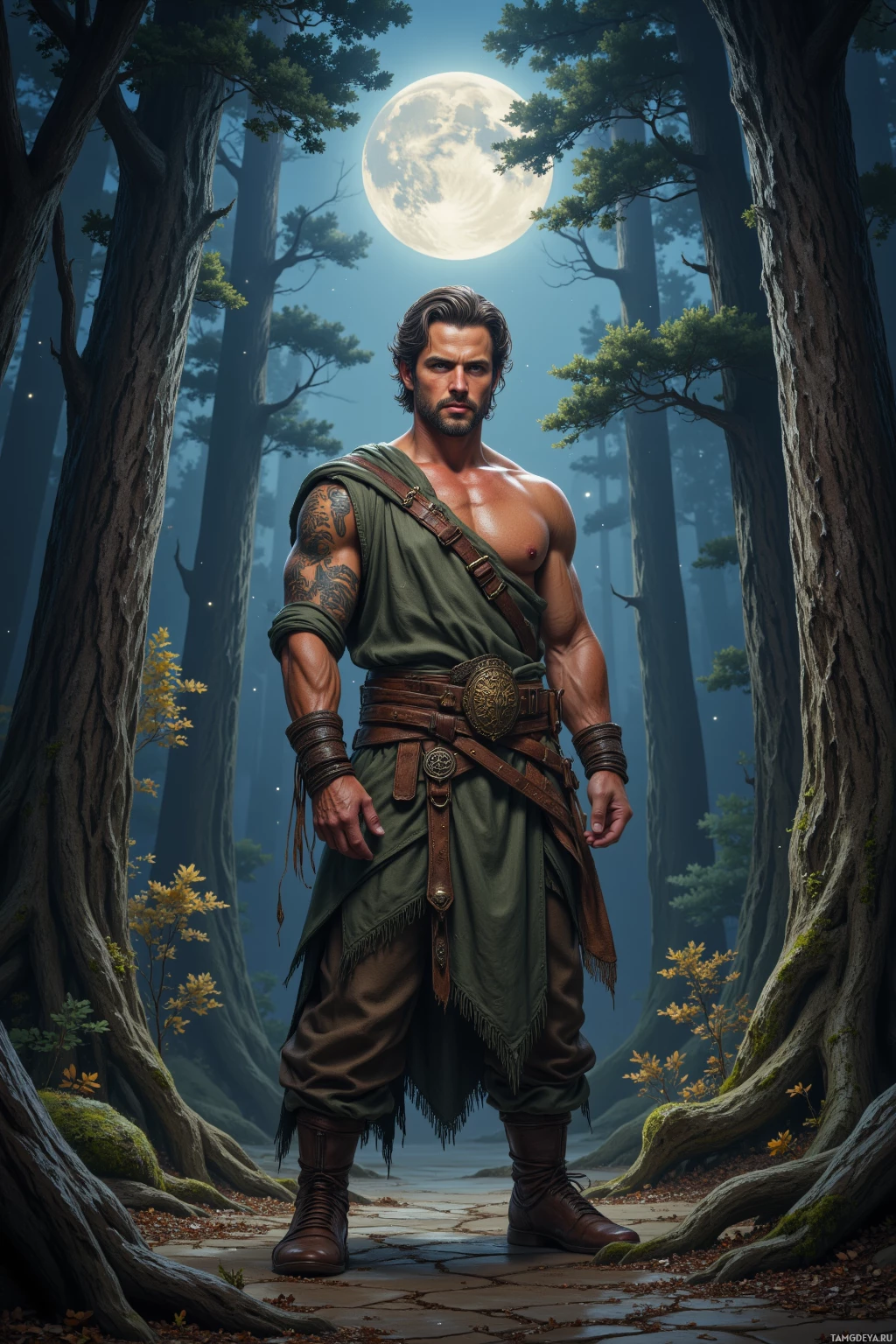 Realistic high quality photo. A 35‑year‑old muscular man with thick brown hair, rugged features, warm brown eyes, olive skin, wearing an earth‑tinted tunic and leather belt, standing stoically in a moonlit forest clearing among ancient towering trees with roots exposed and stars glittering above, as a silent guardian of nature.