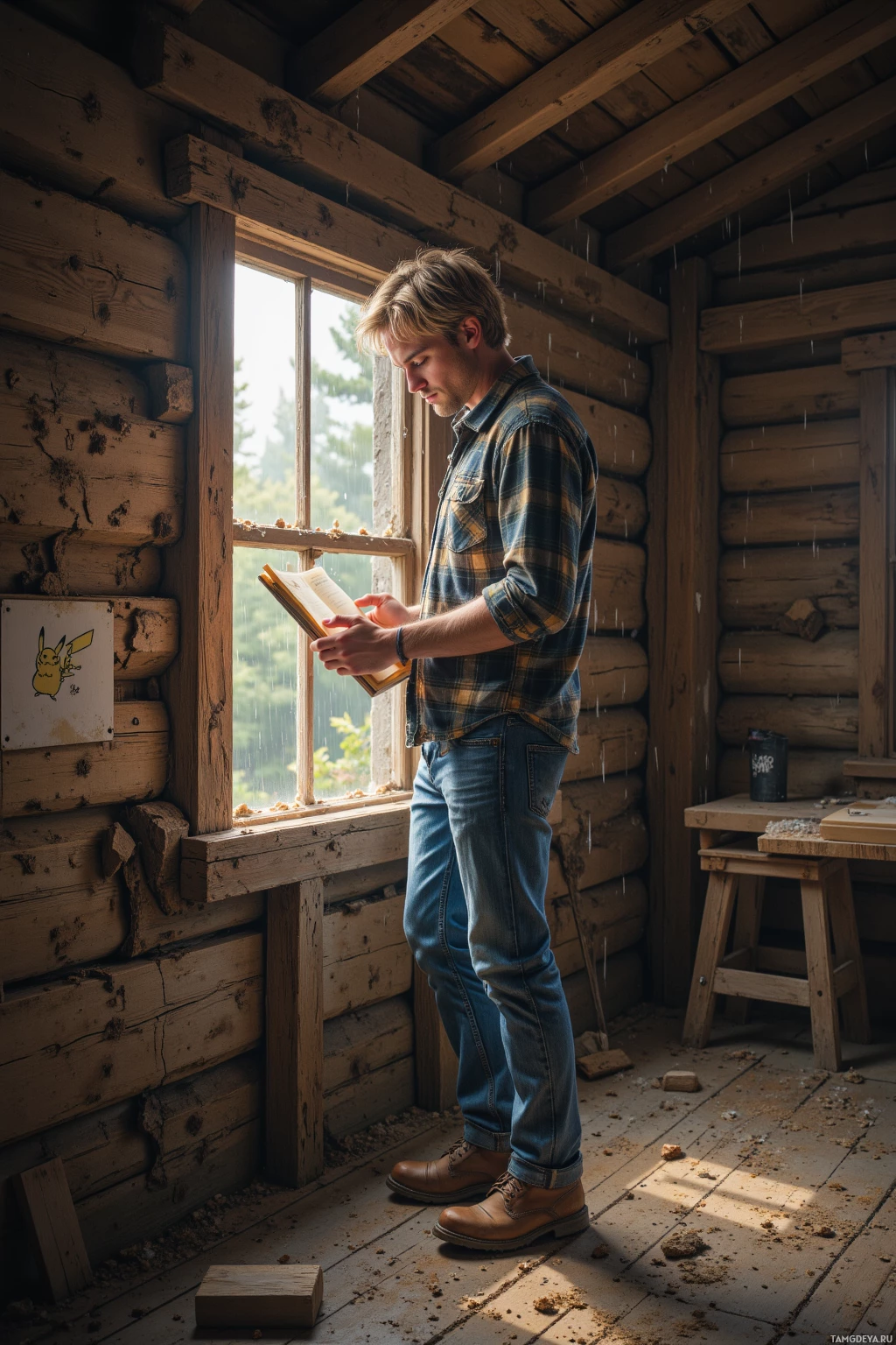 Мужчина стоит в старой деревянной избе и читает книгу у окна.