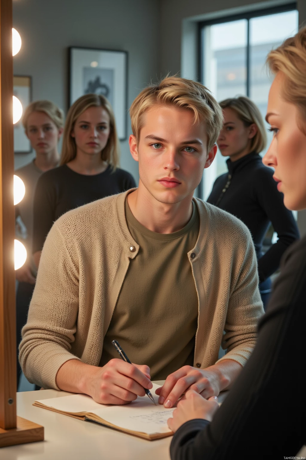 Несколько человек собрались вокруг стола, один из них что-то записывает в блокнот.