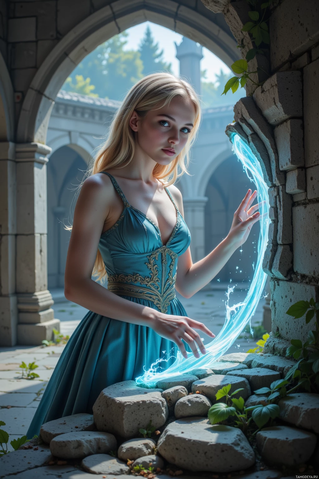 Женщина в бирюзовом платье стоит возле каменного арки, тянется к сияющему голубому свету.