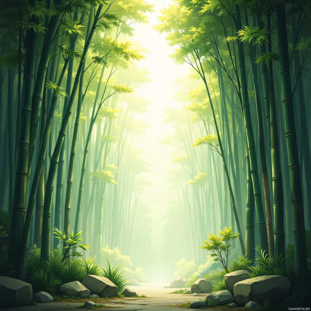 Безмятежный бамбуковый лес, залитый солнечным светом.