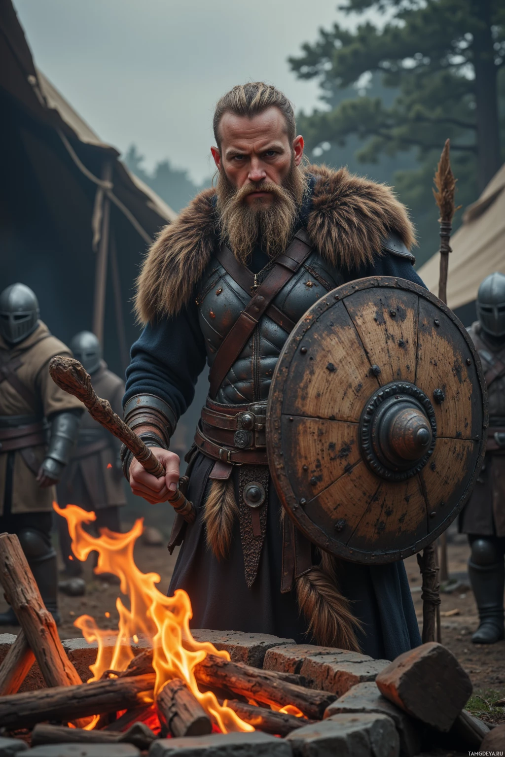 Воин в средневековых доспехах стоит у костра, держа в руках щит и копье.