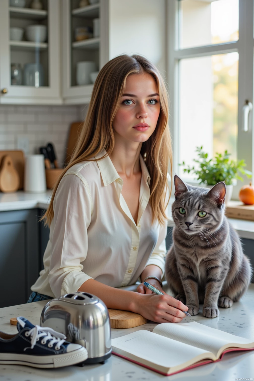 Женщина сидит за кухонным столом с котом и что-то записывает в блокнот.