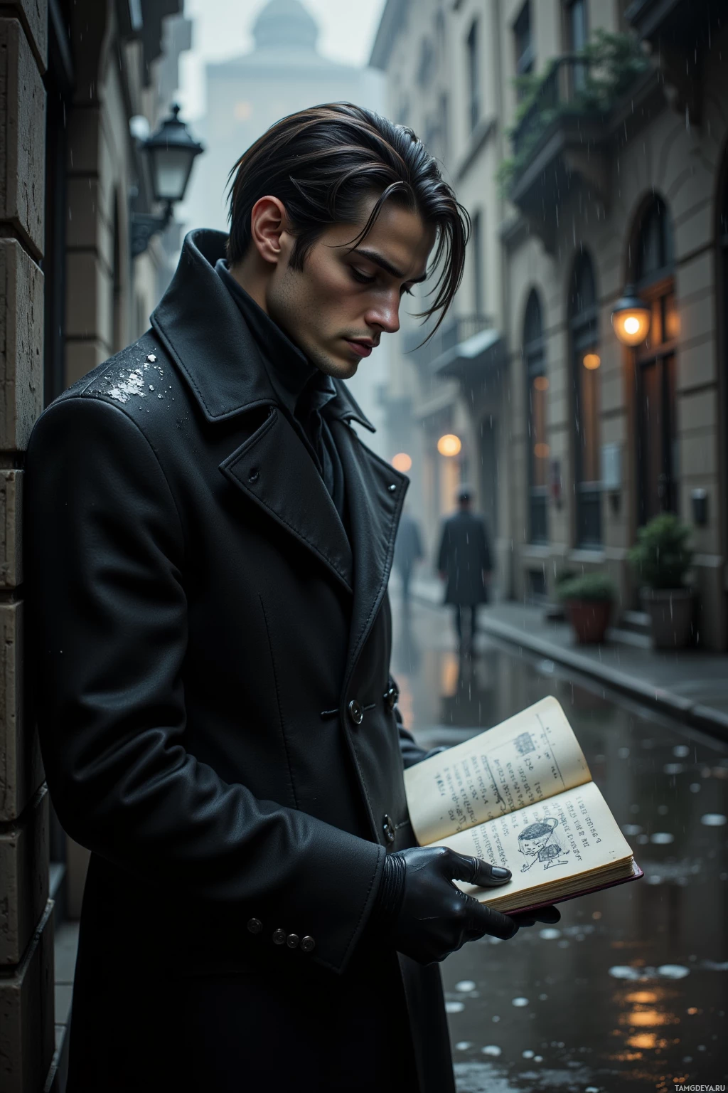 Мужчина в чёрном пальто читает книгу на мокрой улице.