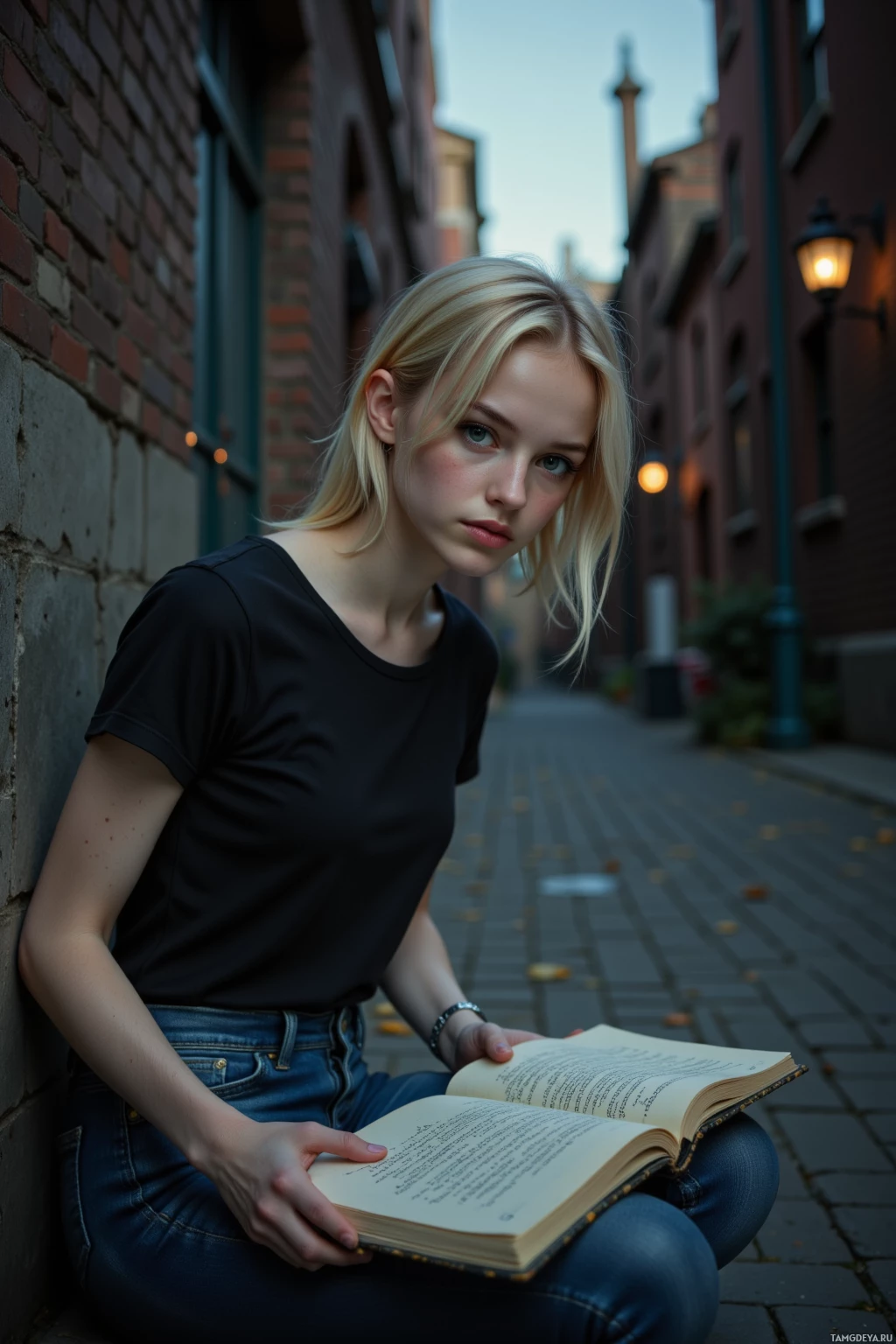 На булыжной улице сидит человек, читающий раскрытую книгу.