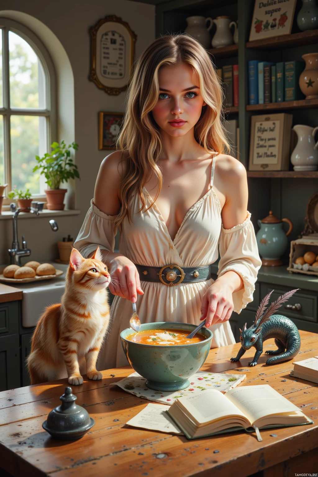 Женщина на кухне с кошкой и фигуркой дракона держит ложку над миской супа.