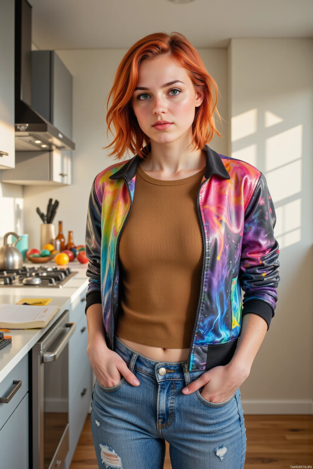Realistic high quality photo. Woman, 25, bright red hair styled in a lively bob, warm brown eyes, glowing skin, wearing a colorful jacket with glowing patterns and casual jeans, standing in a modern hallway with a floating spark, a half‑finished planner on a nearby kitchen counter, sunlit interior, energetic posture, vibrant and optimistic atmosphere.