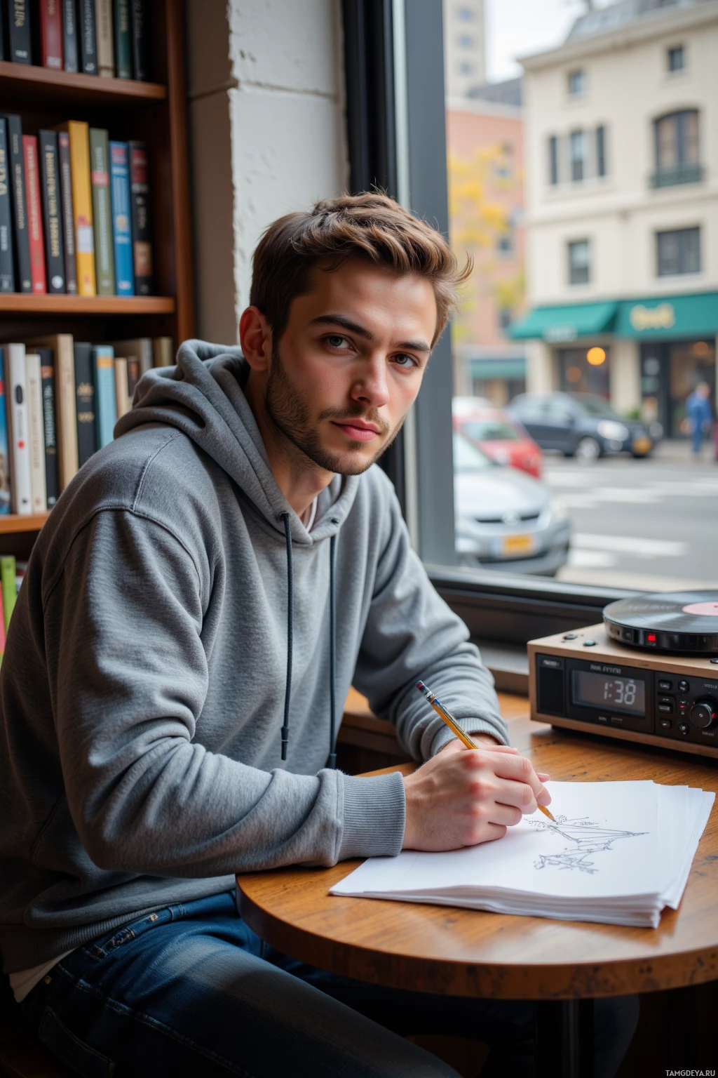 Realistic high quality photo. Male, 24, short light brown hair, green eyes, gray hoodie, faded blue jeans, sits at a corner bookstore table, tracing a paper airplane design with a graphite pencil, a digital timer on the desk, a vinyl record player crackling softly in the background, city street visible through a window, morning light.