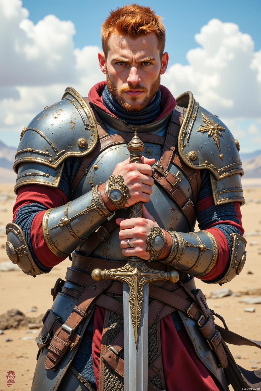 Realistic high quality photo. Male, 38, muscular, fiery red hair, sharp green eyes, fair skin, wearing rugged battle armor with intricate metal plates and leather straps, polishing a gleaming sword on a war‑torn plain at midday, determined stance.