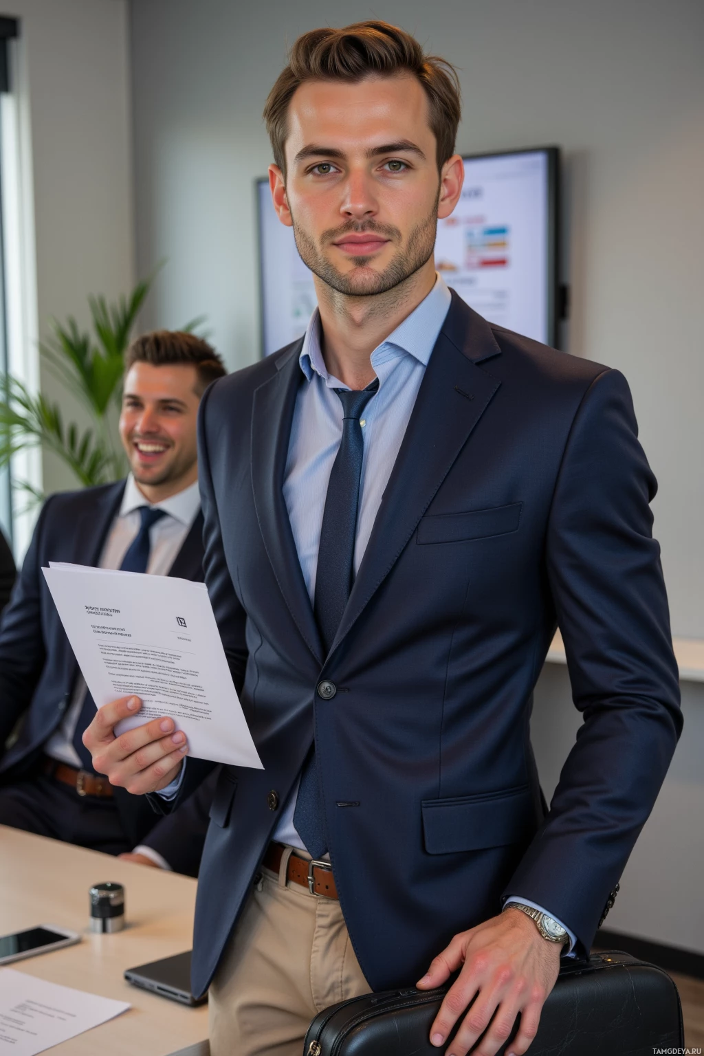 Realistic high quality photo. A confident 30‑year‑old man with slicked‑back light brown hair, green eyes, sharp features, wearing a tailored navy suit and leather briefcase, standing in a modern boardroom at noon, holding a laptop open to a spreadsheet while a laughing rival looks on, with a contract and a stand‑up microphone icon on the table.