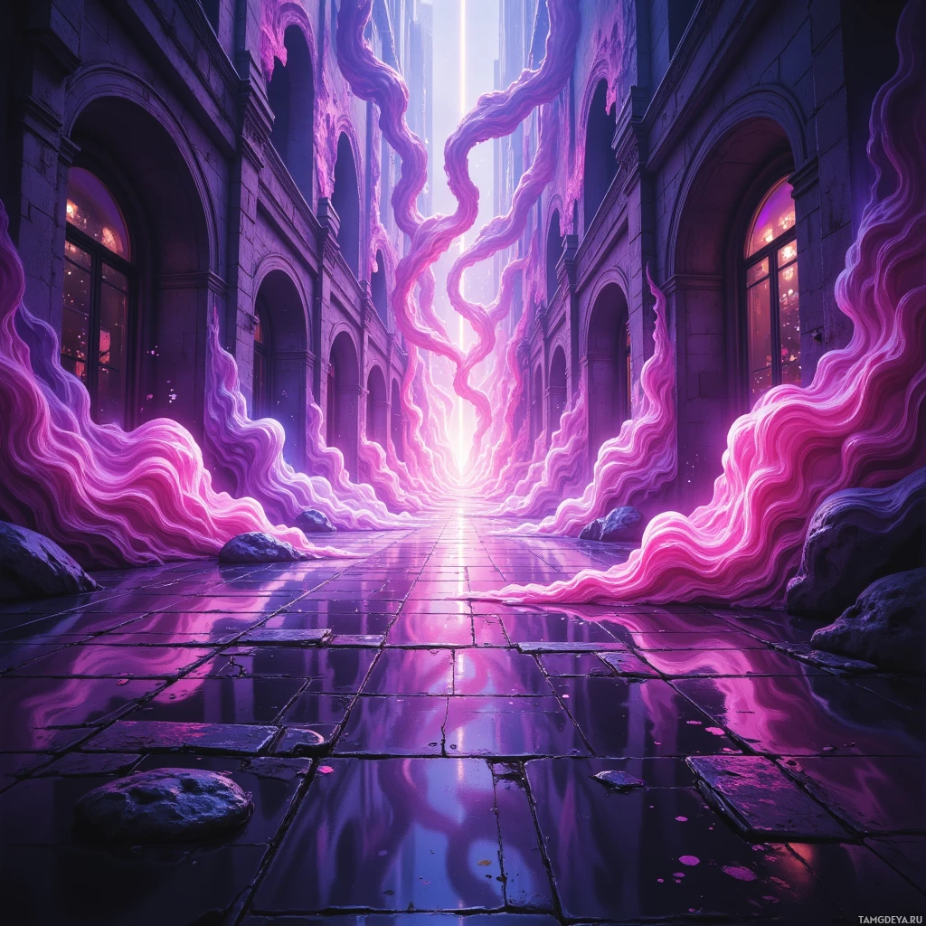 Semi-abstract image with many empty light space at center of beautiful background, that is suitable for the post:  A burst of neon whispers secrets into the city’s tired veins.