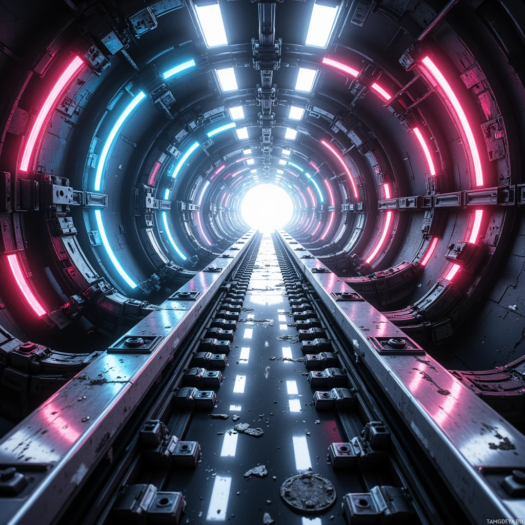 Semi-abstract image with many light, that is suitable for the post:  Chrome and black modular track system with a sleek chassis, neon ribbon rails pulsing in sync, shards that fracture and reassemble, and ionized air streams shimmering along the rail edges.