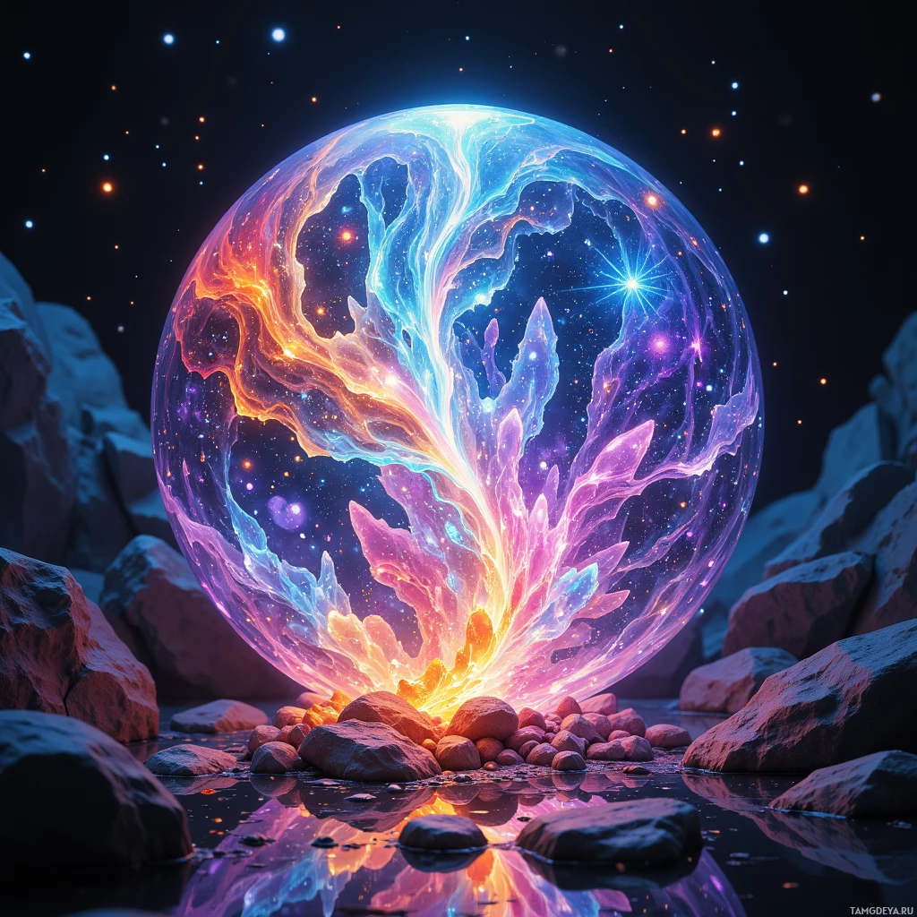 Semi-abstract image with many light, that is suitable for the post:  Crystal‑glass sphere the size of a baseball, shimmering with a living chromatic lattice that breathes, featuring an embedded interface and intricate iridescent crystalline patterns.