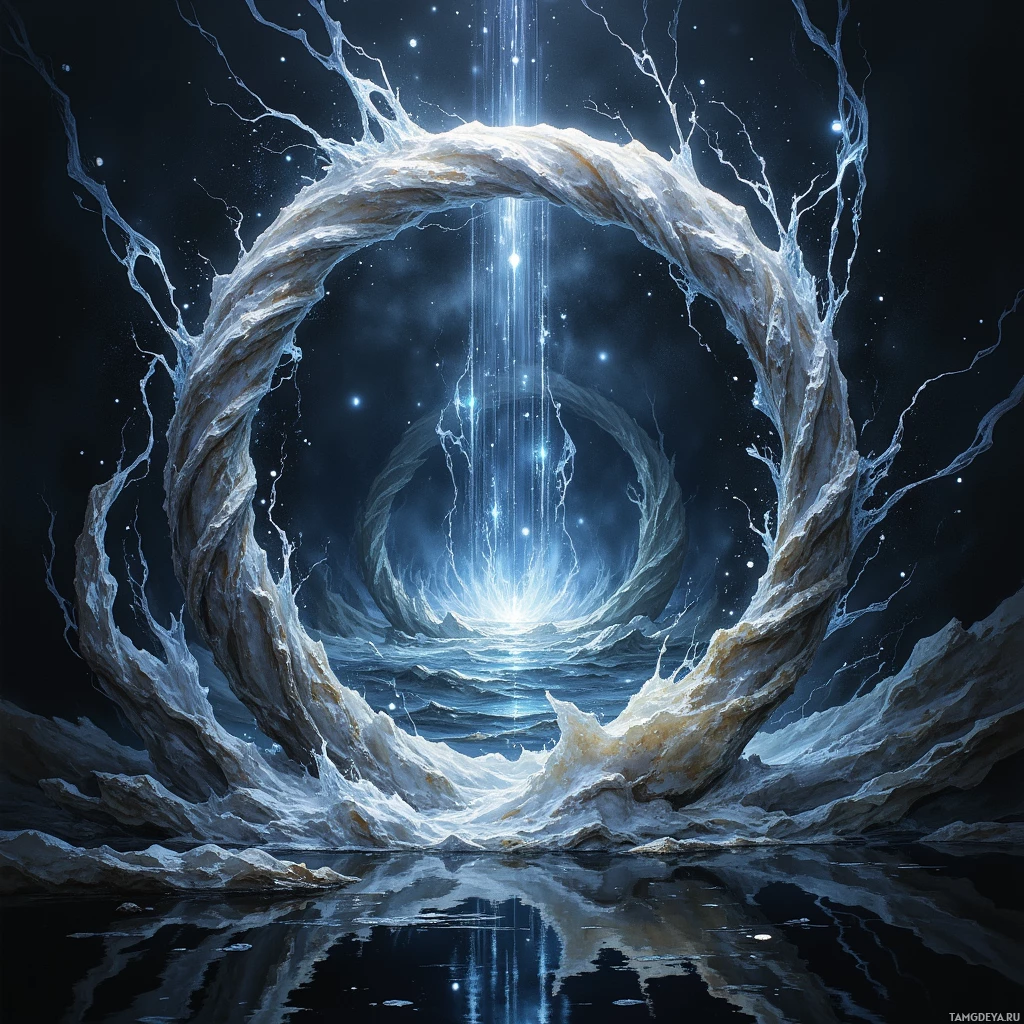 Semi-abstract image with many light, that is suitable for the post:  A reflective mirror framed with braided moonstone, its glass surface a liquid darkness that ripples, reflecting soft silver waves and faint, shimmering echoes of unseen paths.