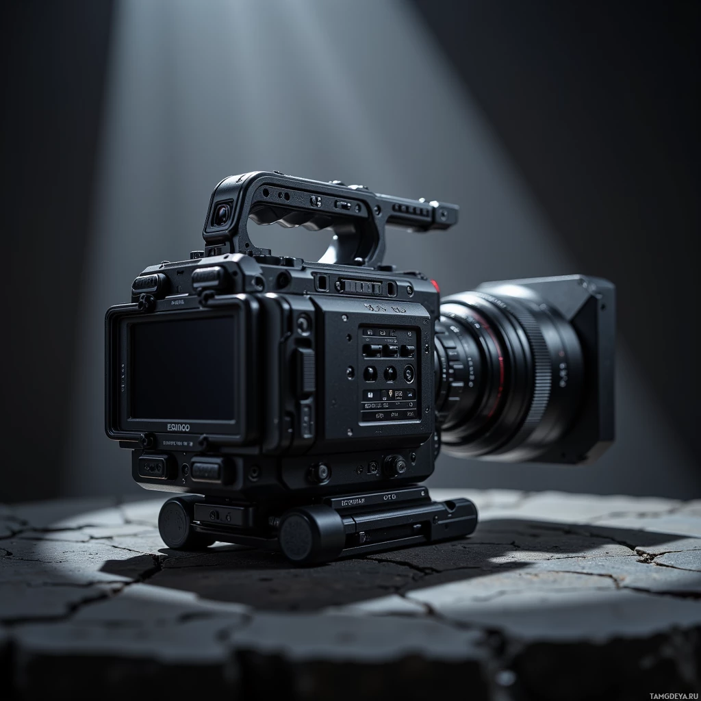 Semi-abstract image with many light, that is suitable for the post:  Matte black handheld cinema camera with a sleek ergonomic grip, a dual sensor array integrated into the compact body, a rear battery compartment resembling a small gun, a built‑in scratch‑proof matte screen, and hot‑swappable memory card slots.