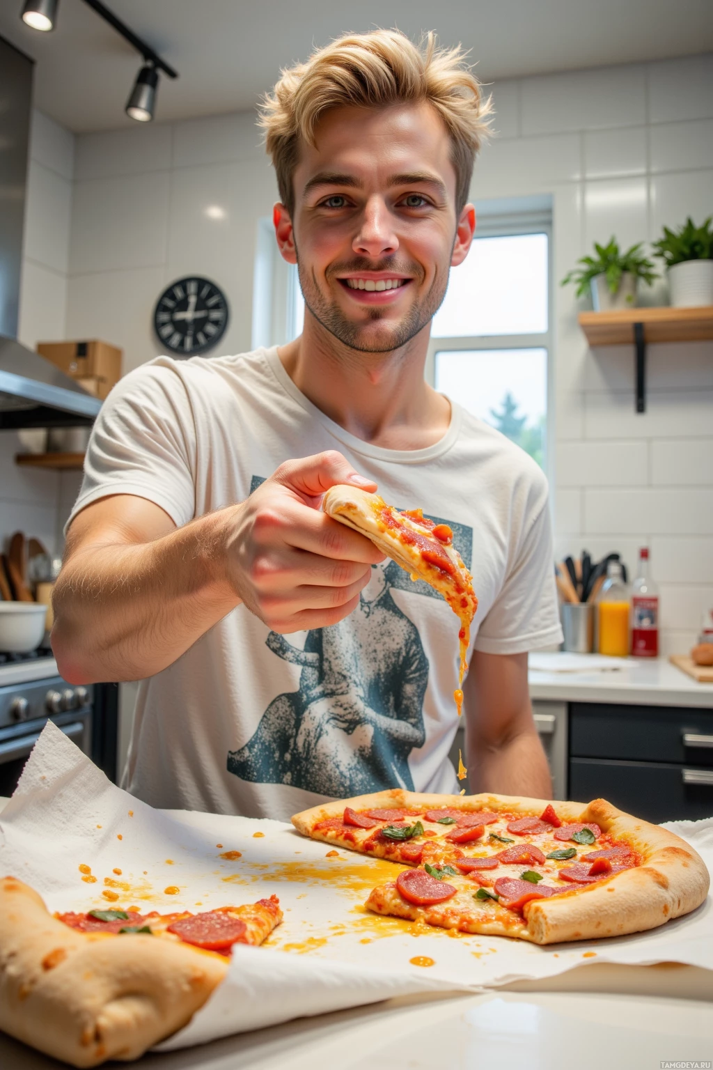 Realistic high quality photo. Male, 28, short light blonde hair, bright blue eyes, wearing a graphic t‑shirt and sneakers, standing in a bright modern kitchen at midday, holding a crumpled napkin with sticky pizza dough on his fingers as he sketches a colorful pizza slice, playful and carefree expression.