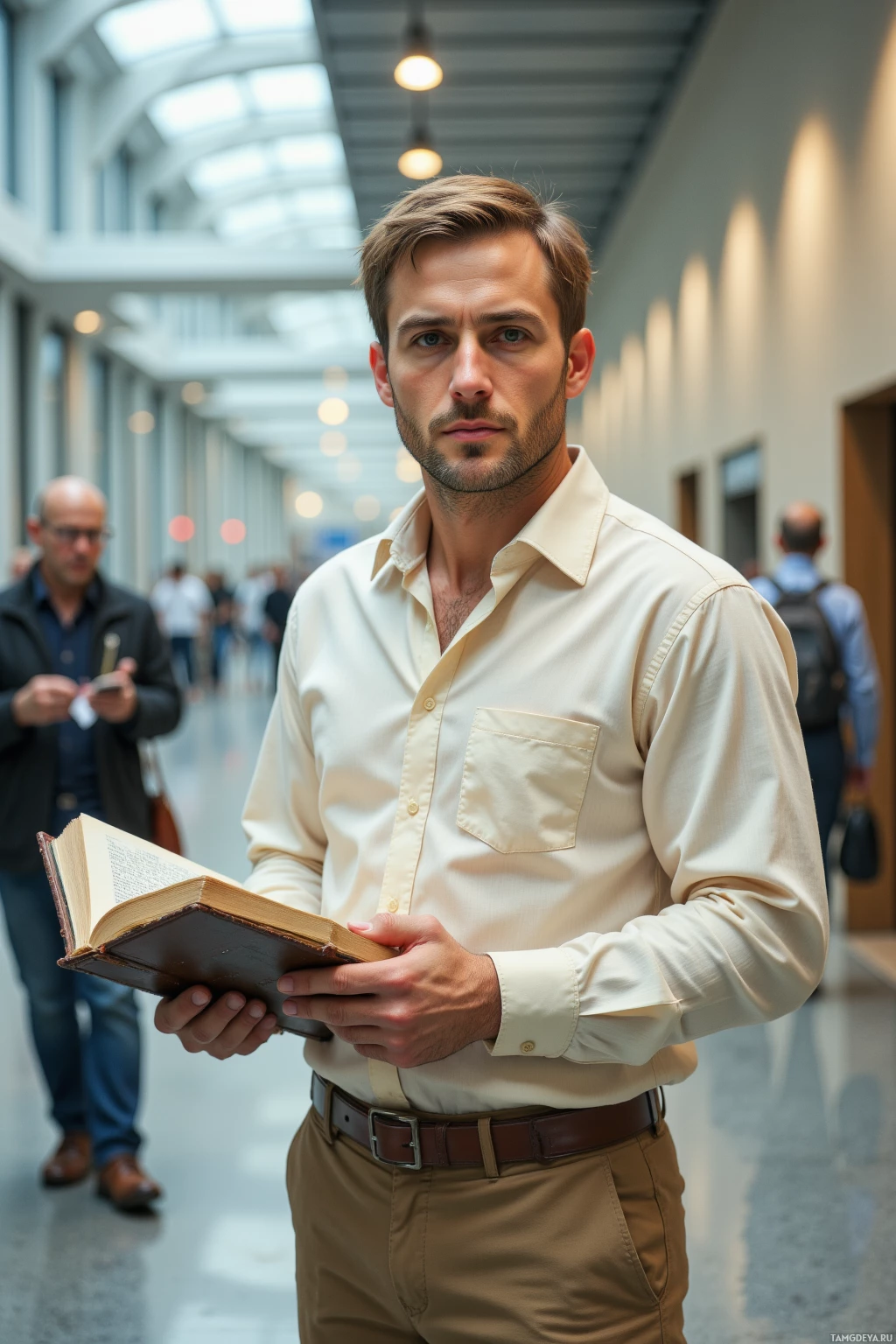 Realistic high quality photo. Man, 34, light brown hair streaked with white, blue eyes, pale button‑down shirt and beige trousers, stands in a bright fluorescent‑lit modern office lobby in the morning, holding a 1927 edition of Rousseau open and scribbling notes in the margins while street vendors chant outside the large window.
