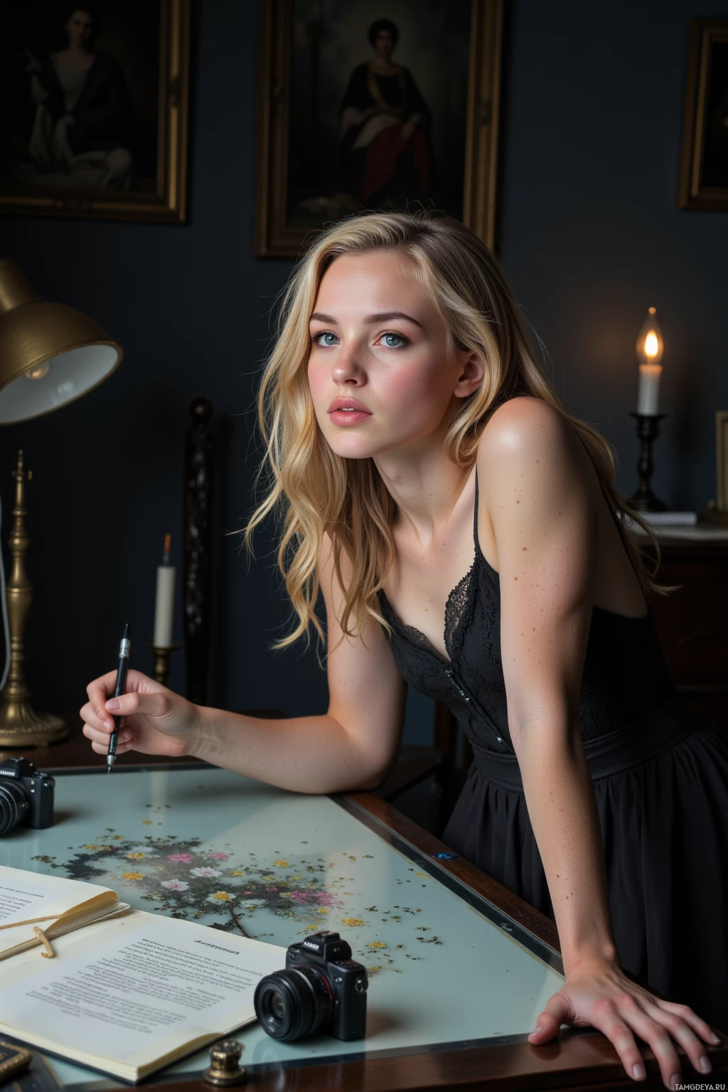 Realistic high quality photo. Nighttime studio with dim lights, a 28‑year‑old woman with curled golden blonde hair, ivory skin, green eyes, wearing a long lace dress, leaning over a glass surface, humming softly, tracing her reflection with a pen, surrounded by a camera, a drafting table, script pages, and a single soft lamp.