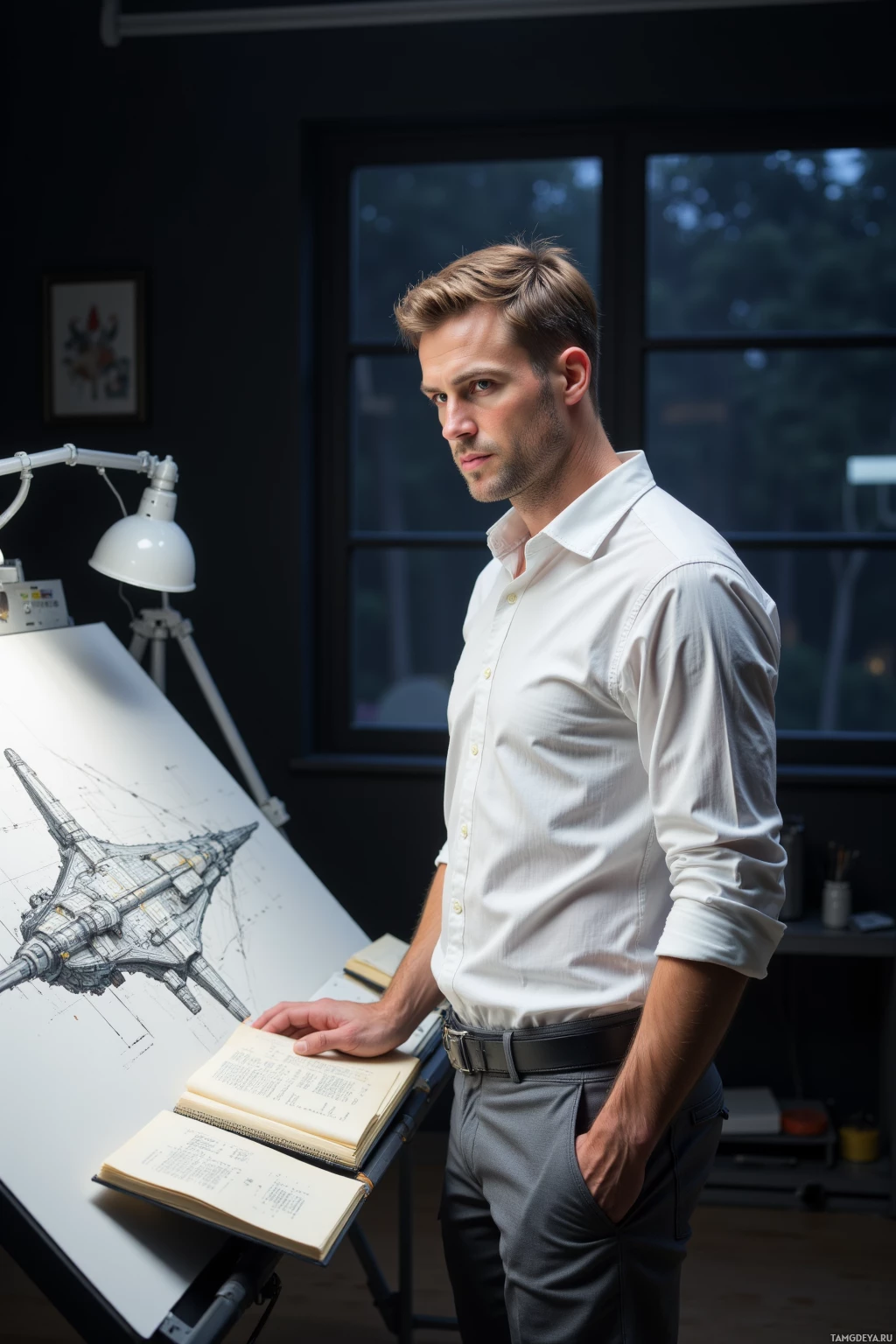 Realistic high quality photo. A 30‑year‑old man with short light brown hair and blue eyes, wearing a crisp white buttoned shirt and perfectly pressed grey trousers, stands in a dimly lit studio at midnight, staring at a large black‑and‑white wireframe drawing of a spaceship on a drafting table, with a notebook open beside him.