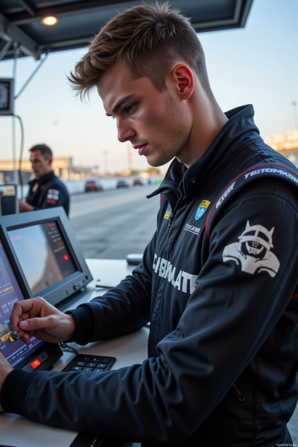Realistic high quality photo. Morning on a test track, tall athletic male, 30, short blonde hair, blue eyes, sharp jawline, wearing a sleek racing suit with helmet under his arm, intensely focused as he adjusts a brake bias dial beside a glowing telemetry screen, the quiet hum of the clutch in the background.