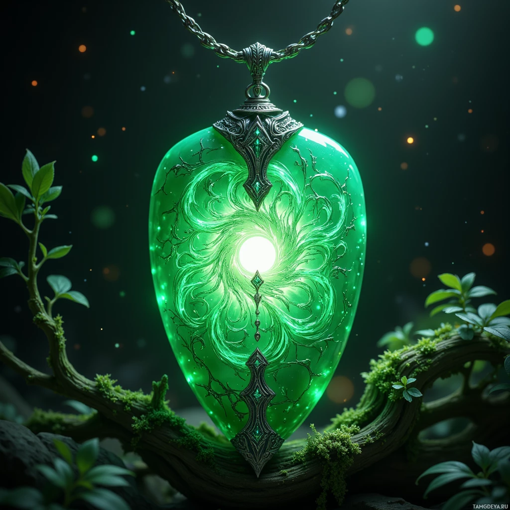 Semi-abstract image with many light, that is suitable for the post:  a polished jade amulet, carved from translucent green jade, featuring intricate silver etchings of swirling runic patterns that glow faintly in soft green light, with a subtle pulsing aura emanating from the center.