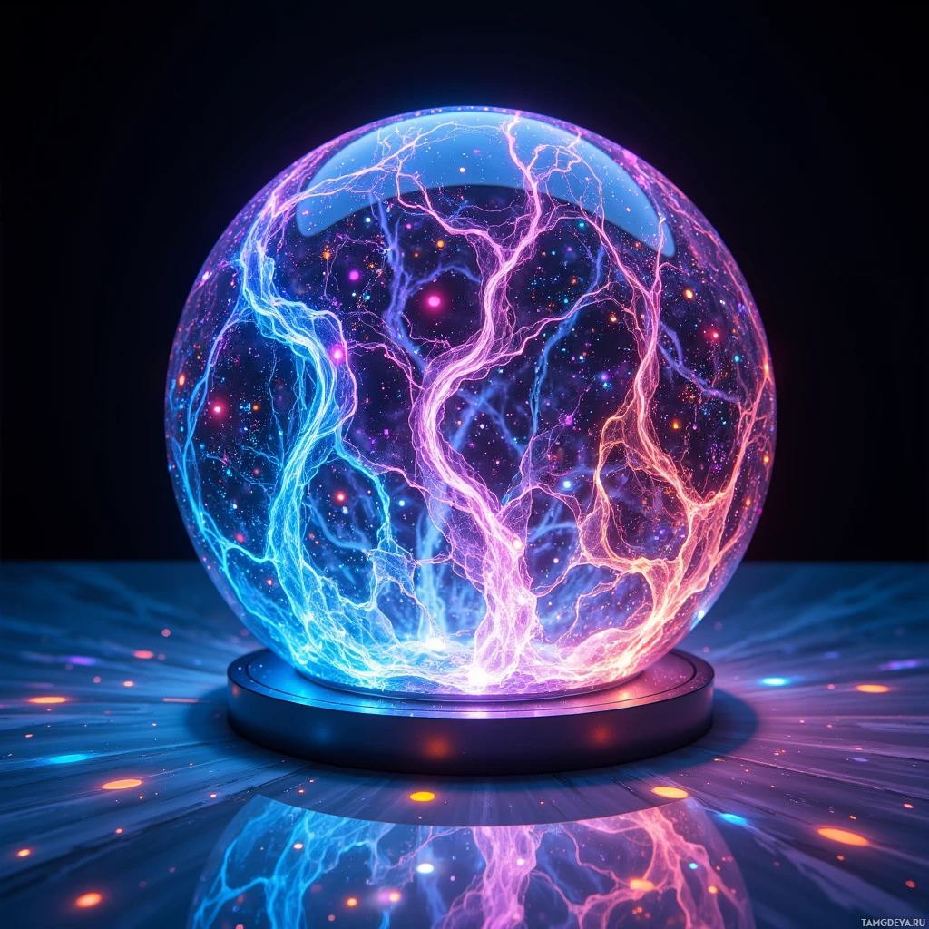 Semi-abstract image with many light, that is suitable for the post:  A sleek glass sphere with embedded micro‑LEDs emitting vibrant, AI‑driven holographic light patterns, polished to a mirror finish and featuring subtle touch‑sensing edges.