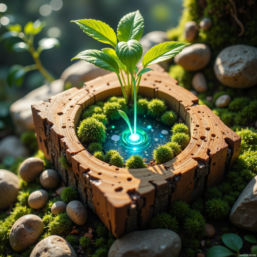 Semi-abstract image with many light, that is suitable for the post:  pocket-sized cedar bark panel sensor carved from reclaimed cedar, featuring intricate Braille‑like etched grooves, a tiny moss chamber that shifts green to blue to indicate moisture, a clear LED display for pH and nutrient readings, and a concealed miniature solar cell on the back, rendered in realistic detail.