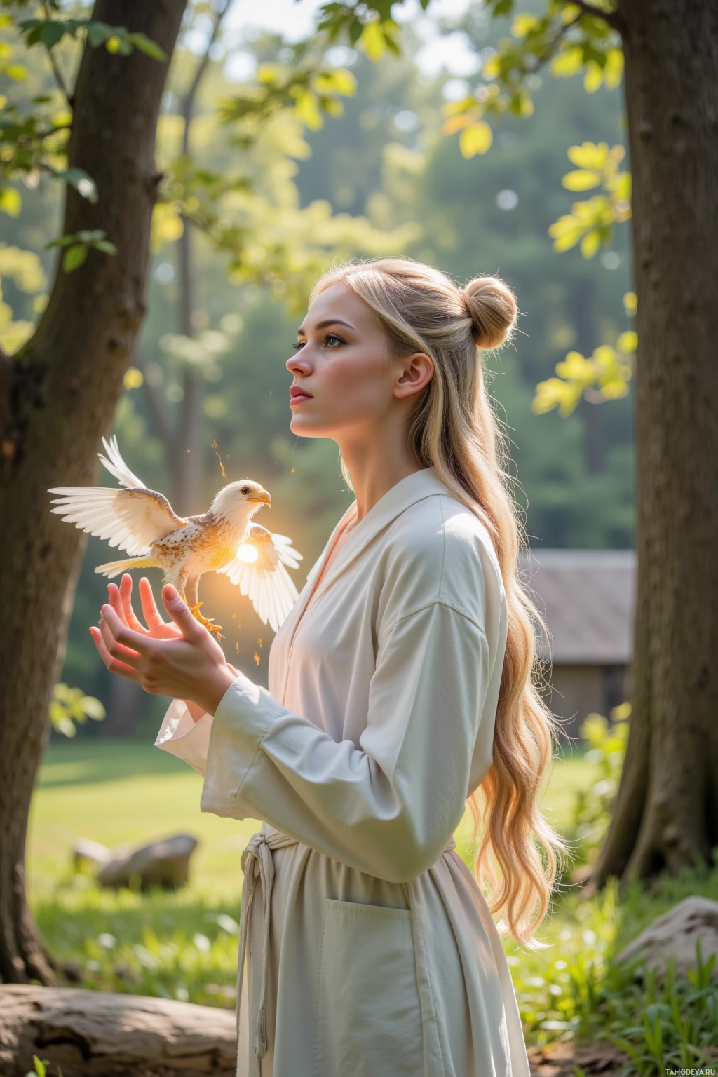 Realistic high quality photo. Female, 29, long blonde hair in a soft knot, piercing blue eyes, porcelain skin, wearing flowing white robes with a faint luminous glow, standing in a sunlit forest clearing chanting to protect her radiant aura, while a stubborn griffin with a match in its wing pocket attempts to ignite its nest and a dragon's mate watches her in a professional therapist pose, her calm determination reflecting empathetic strength and stubborn idealism.