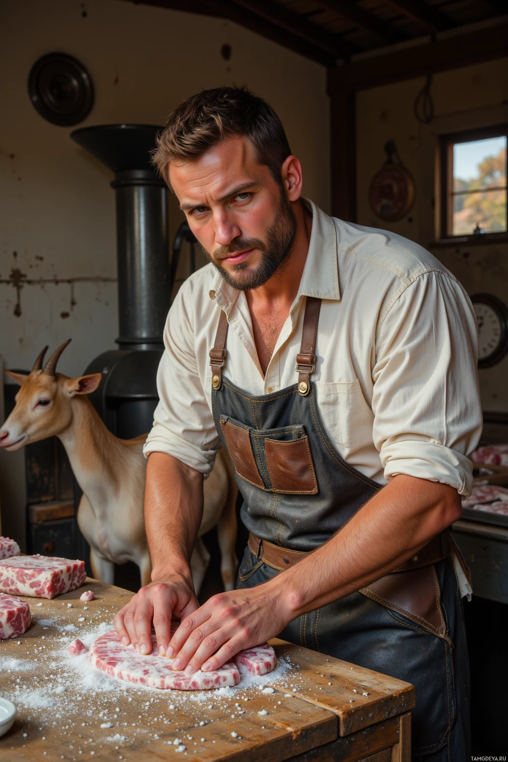 Realistic high quality photo. A 35‑year‑old male craftsman with short light brown hair, beard, wearing a worn leather apron over a white shirt and rugged trousers, tightening salt crystals on the back of a slab in a rustic meat‑processing workshop while a goat tries to snatch a scrap, a new grinder blade sits ready, and an old meat press whirs in the afternoon light.