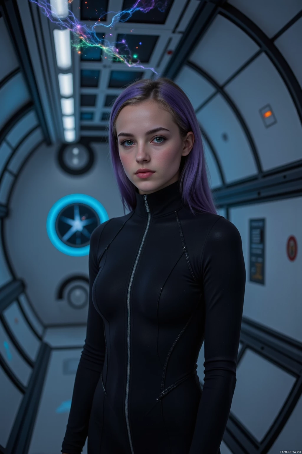 Realistic high quality photo. Female, 27, sleek dark purple hair in sharp modern cut, violet eyes, pale complexion, wearing a minimalist black jumpsuit with subtle silver circuitry accents, standing in a dimly lit observation chamber with holographic Nebula Grid projecting error vectors, late‑night, calm focused posture, faint core stabilizer hum.