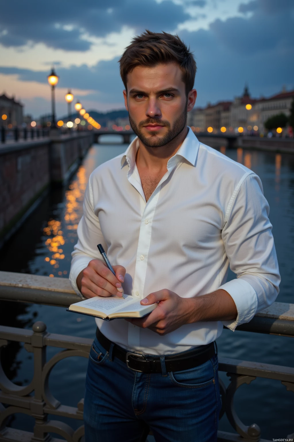 Realistic high quality photo. Man with short brown hair, piercing blue eyes, wearing a white shirt and jeans, standing on a riverbank at dusk with soft amber streetlamp light, long shadows cast by distant lamps, holding a notebook and writing, calm and determined expression reflecting steadfast justice.