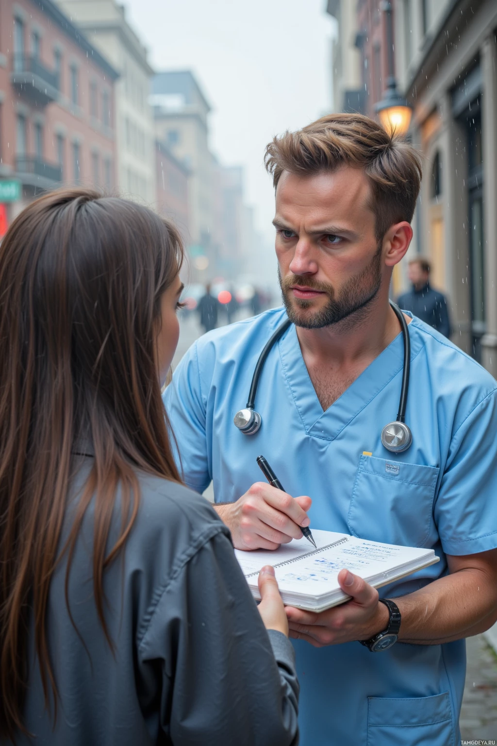 Realistic high quality photo. A 34‑year‑old caregiver with short light brown hair, blue eyes, in light blue scrubs, standing on a rain‑soaked city sidewalk in the morning, guiding a teenage girl as she sketches therapy notes, holding a notebook open while his hands tremble slightly, with a misty gray sky overhead.