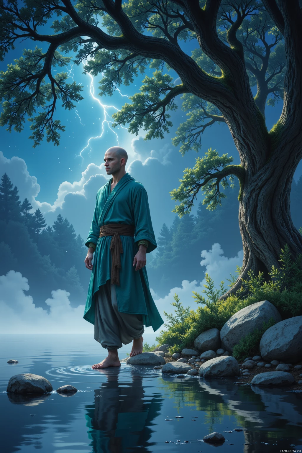 Realistic high quality photo. Male, 32, smooth shaved head, green eyes, simple soothing green robes, walking along a crystal lake at night with silver mist swirling, ancient oak beside, starlit sky above, he pauses with relaxed posture reflecting serene calm and curious curiosity.