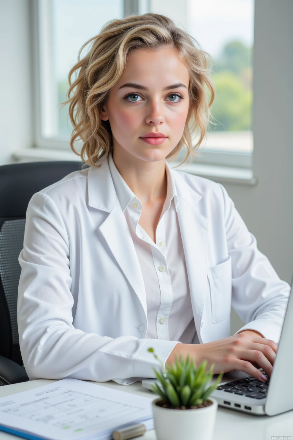 Realistic high quality photo. A 29‑year‑old woman with curly blonde hair, blue eyes, pale skin, wearing a white coat over a crisp white shirt and dark trousers, sits at a modern hospital office desk piled with patient charts and a laptop, a buzzing phone beside a small office plant that has just sprouted a leaf, her expression focused and methodical in natural daylight.