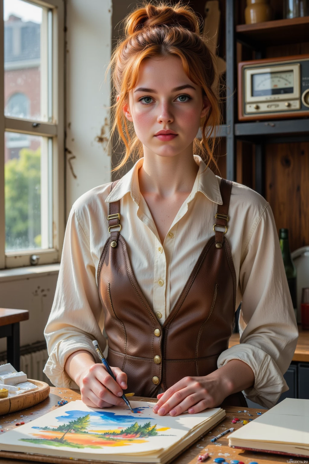 Realistic high quality photo. A 26‑year‑old woman with fiery red hair in a messy bun, blue eyes, porcelain skin, wearing layered bohemian clothes, standing in a sunlit kitchen with a vintage radio on the counter, painting a watercolor of dusk on a wooden table, a sketchbook guarded on a metal shelf, and a friend with gentle fingers holding a folded note she slipped into a mailbag, midday light streaming through the window.