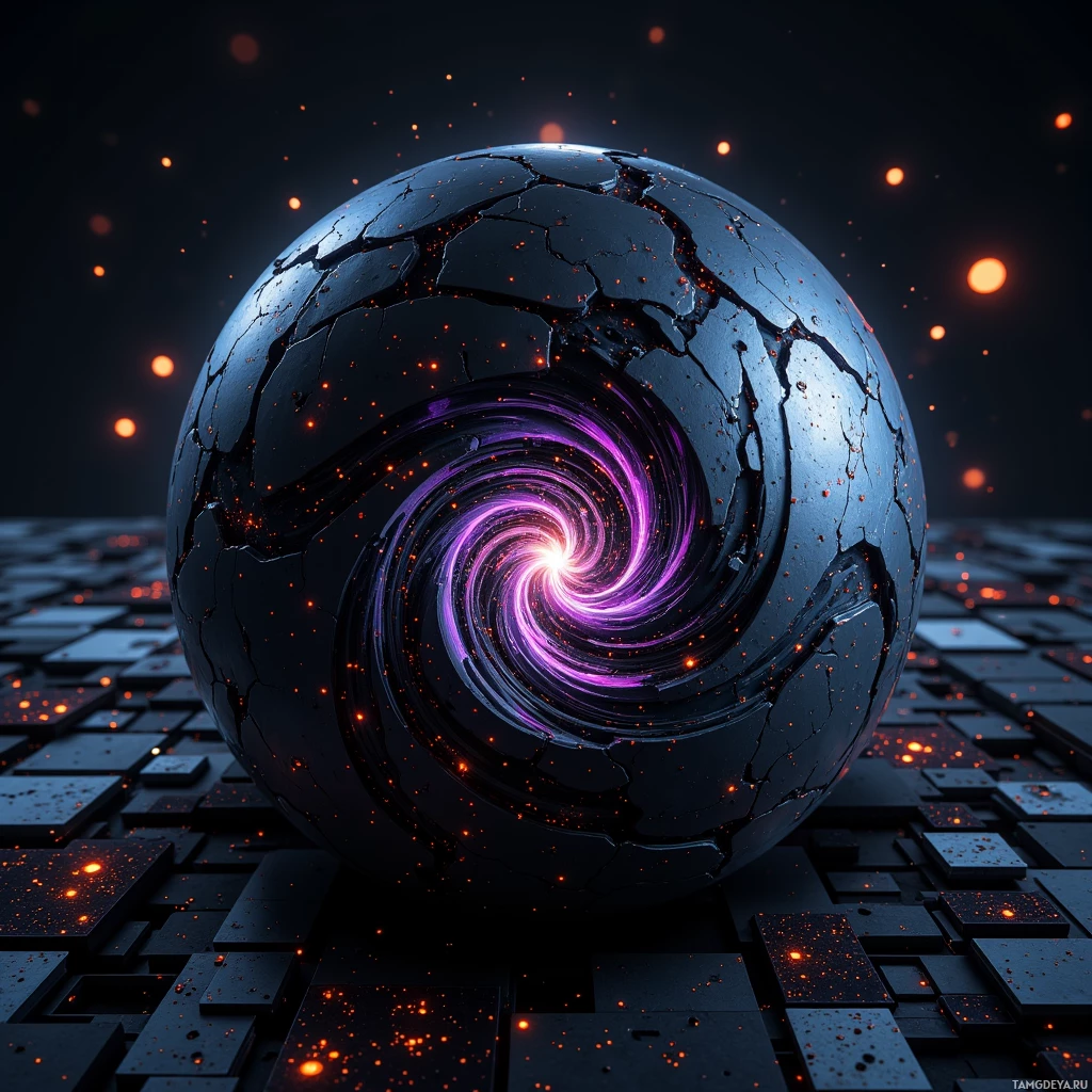 Semi-abstract image with many light, that is suitable for the post:  Matte black sphere with swirling iridescent cores pulsing, surface etched with adaptive micro‑rectangles that reconfigure in real time, glowing dynamic patterns on a high‑tech precision engineering surface.