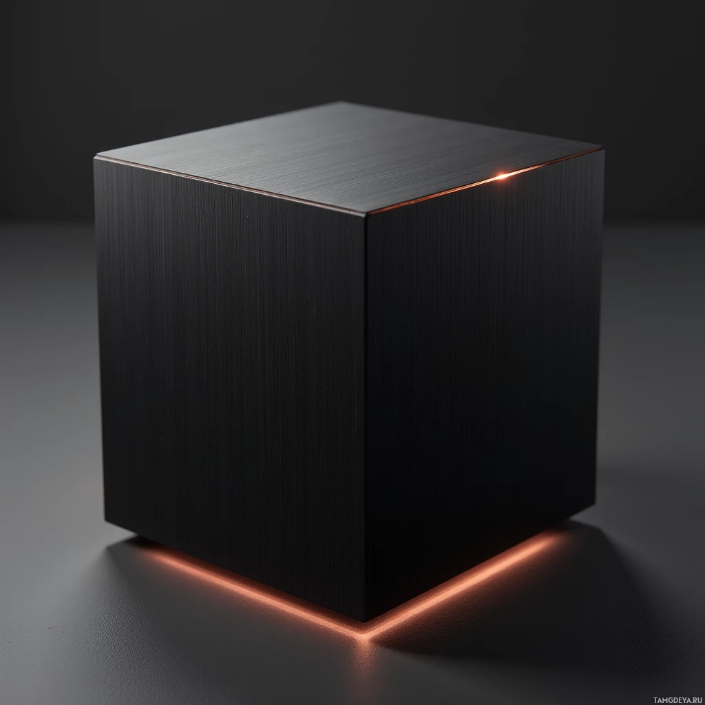 Semi-abstract image with many light, that is suitable for the post:  sleek black cube with a brushed metal finish, matte black surface, subtle reflective glare, minimalist design, small dimensions, polished edges.