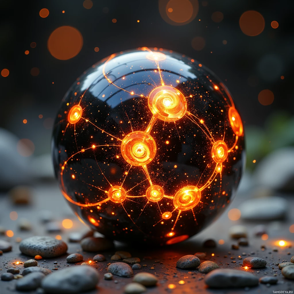 Semi-abstract image with many light, that is suitable for the post:  tiny obsidian sphere, etched with swirling constellations, glowing starfield pulse and subtle amber warm light, intricate shifting patterns across its polished surface, weighty and hand‑crafted.