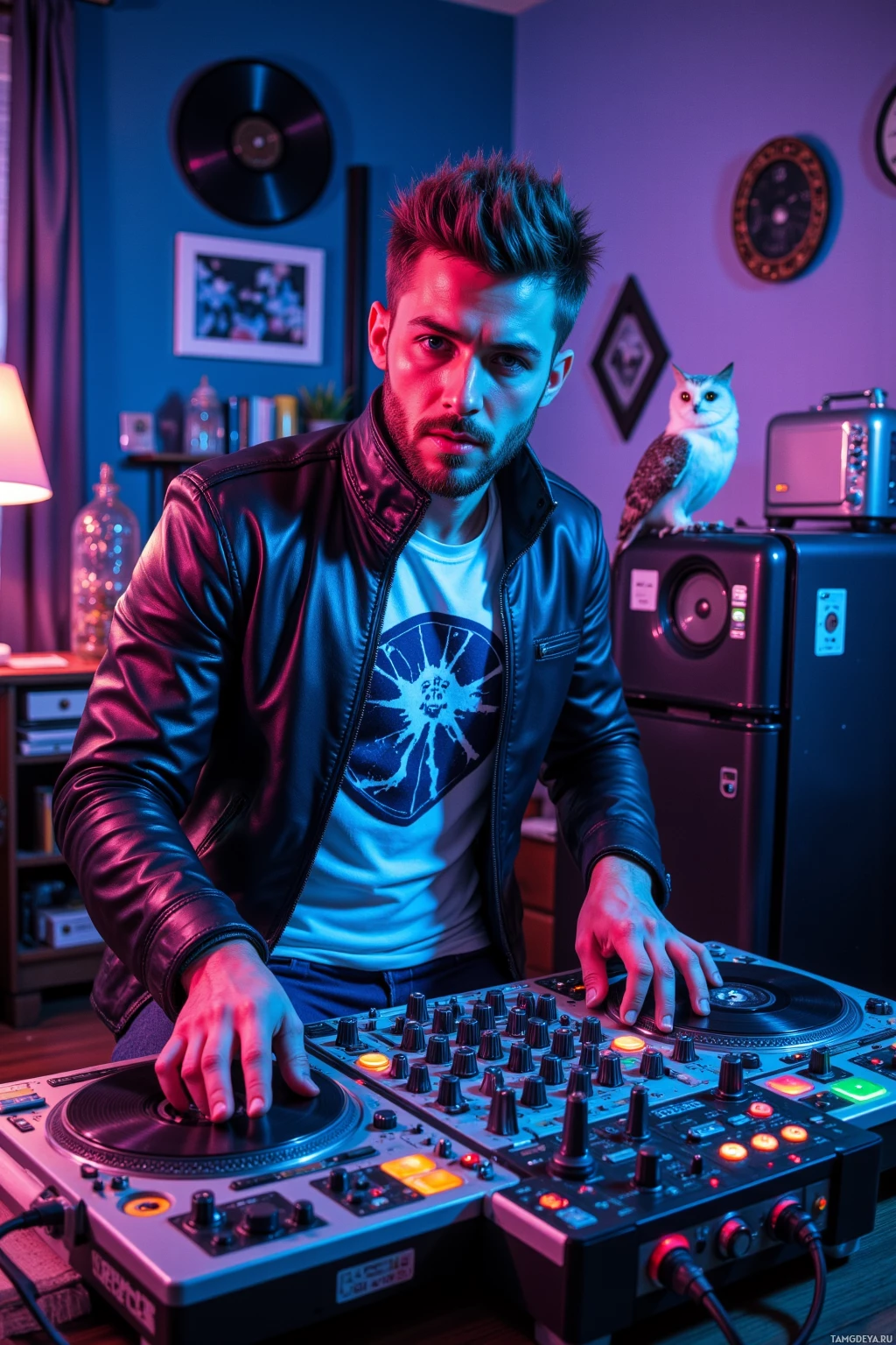 Realistic high quality photo. Man, 32, short spiky light brown hair, bright blue eyes, olive skin, black leather jacket over a white graphic tee and jeans, DJ mixing vinyl on a midnight living room floor with the cat’s tail acting as a metronome, a vacuum cleaner spinning rhythmically under strobe lights, the fridge beeping in time, a toaster levitating, an owl with glowing eyes perched, vibrant electric rave vibe.