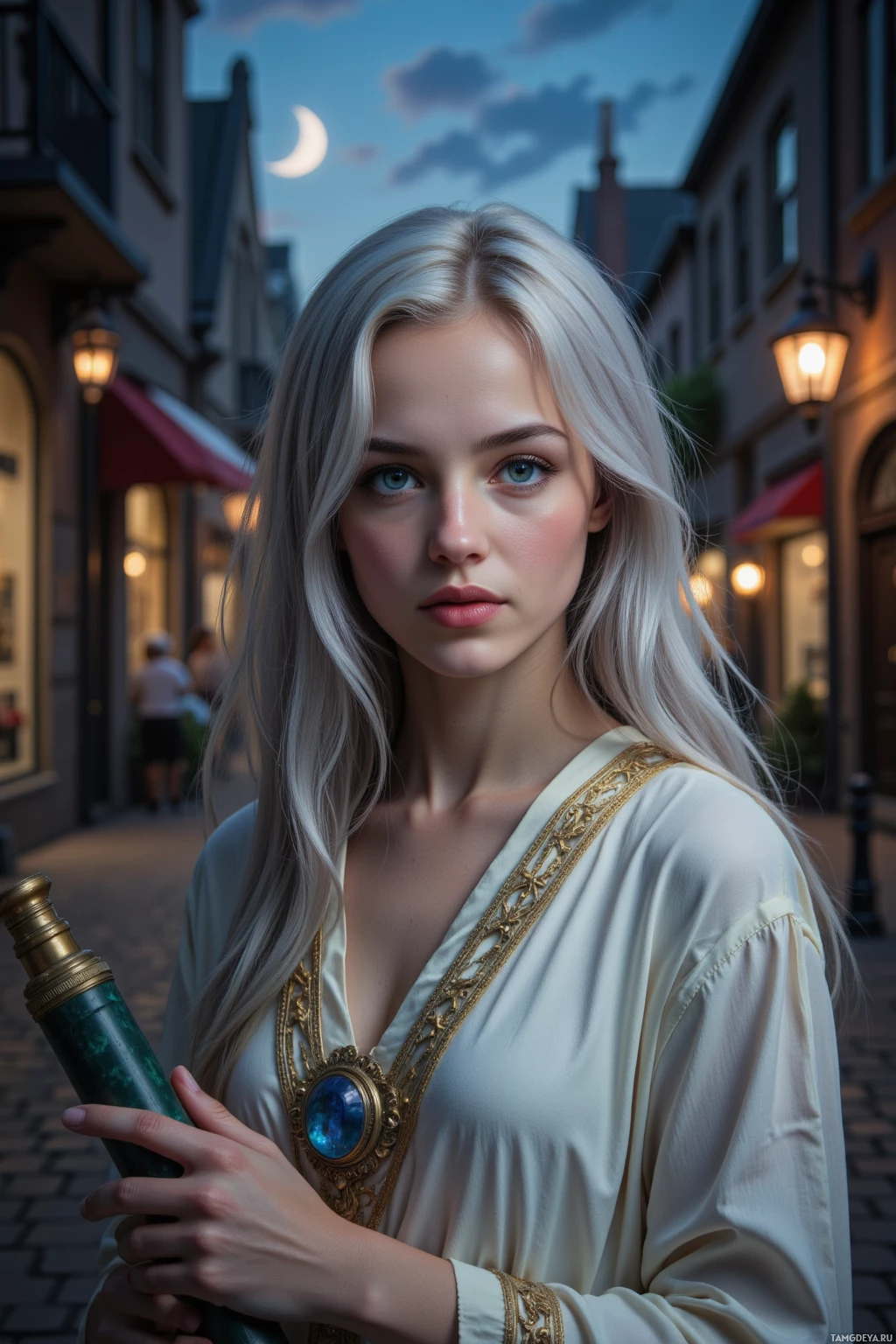 Realistic high quality photo. Woman, 27, with long silver hair in loose waves, blue eyes, porcelain skin, high cheekbones, delicate nose, wearing flowing white robes with intricate golden embroidery cinched by a crystal pendant, dusting an old obsidian telescope in a dim alley of a bustling night city under a twilight sky partially eclipsed, long shadows stretching across the cobblestones, dust motes drifting around her, serene yet slightly detached expression, evening setting.