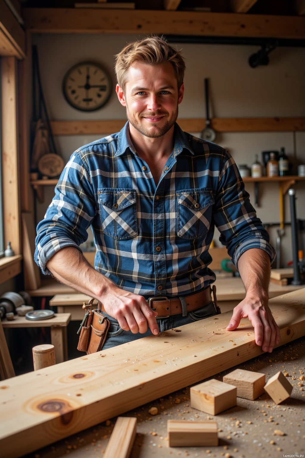 Realistic high quality photo. A sturdy‑built man, 27, with blonde hair, bright blue eyes, wearing a classic flannel shirt and a tool belt, standing in a cluttered woodworking workshop with sawdust and pine logs, assembling a handmade desk from salvaged lumber while light catches the wood grain and he smiles confidently.