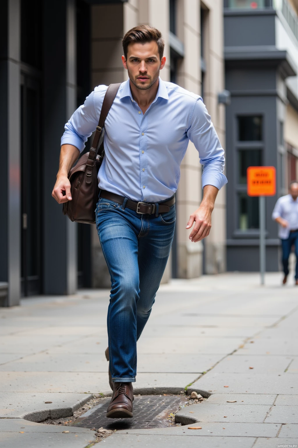 Realistic high quality photo. A lean man, 29, short dark hair, bright blue eyes, strong jawline, wearing a fitted shirt, jeans, and a messenger bag slung over his shoulder, sprinting toward a modern office building's front door on an urban street, a pothole ahead and a construction zone sign in the background, daylight.