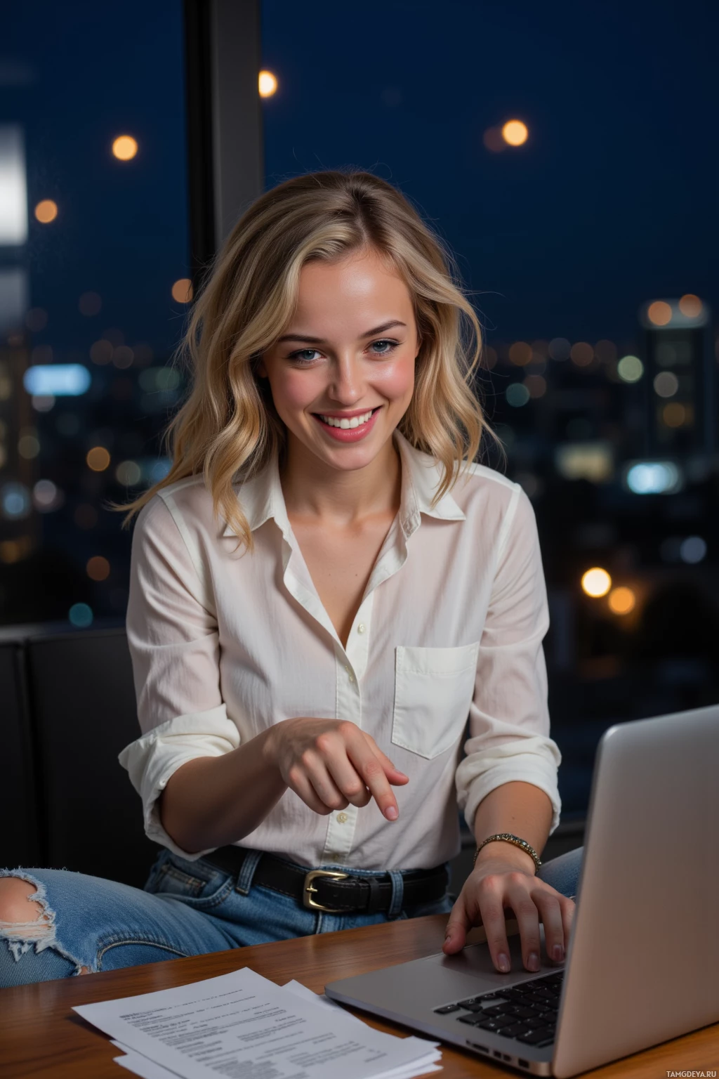 Realistic high quality photo. Late-night office scene with a 27‑year‑old woman, curly blonde hair, bright blue eyes, smooth fair skin, wearing a simple trendy blouse and jeans, laughing at a mis‑typed headline on a laptop while her fingers hover over the keyboard, surrounded by scattered notes and city lights visible through the window, exuding energetic focus.