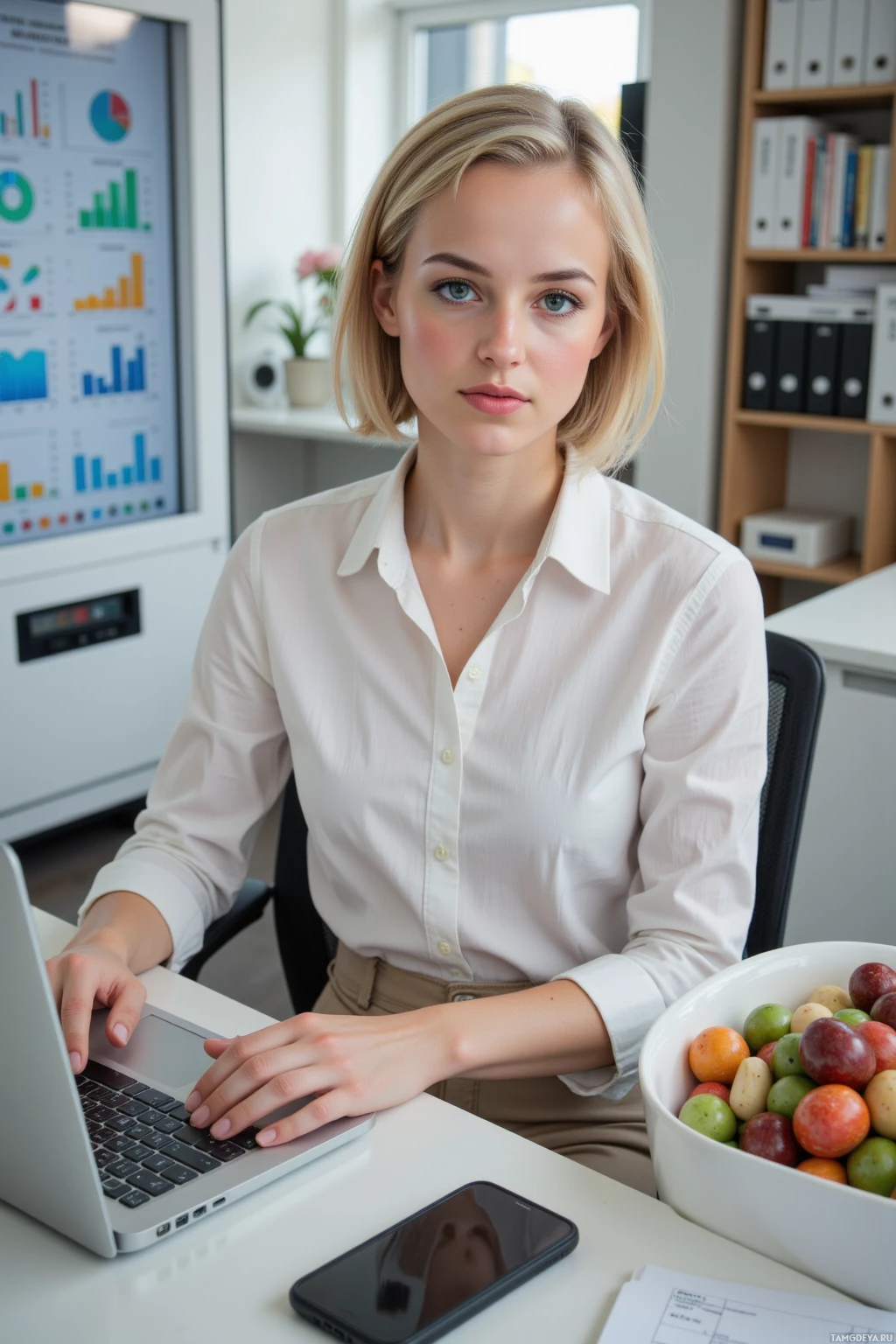 Realistic high quality photo. A 31‑year‑old woman with short blonde bob, blue eyes, fair skin, wearing a white blouse and tailored beige trousers, sits at a modern office desk at noon, laptop open showing spreadsheets, a cluttered snack drawer beside her, a vending machine in the background, she examines a data dashboard with a focused expression amid office supplies and natural light.